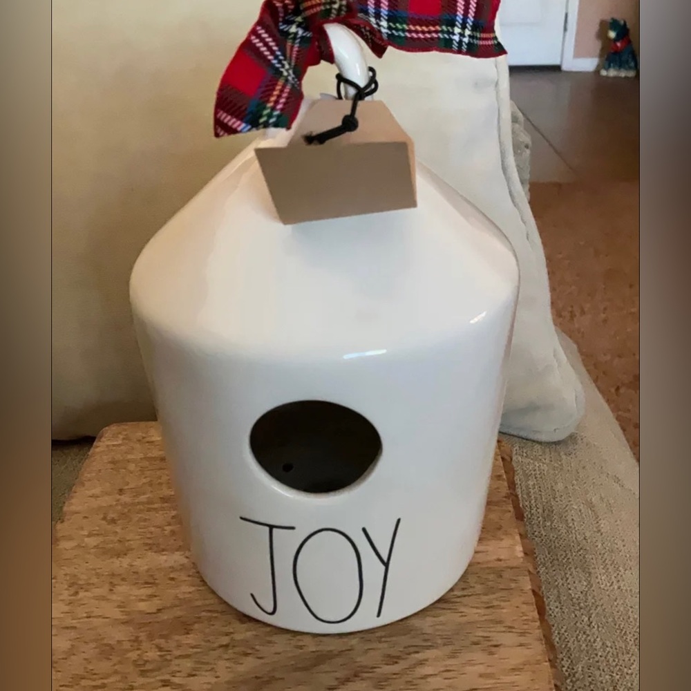 Rae Dunn JOY Birdhouse with Holly and Tartan Plaid Ribbon NWT 2019 Release